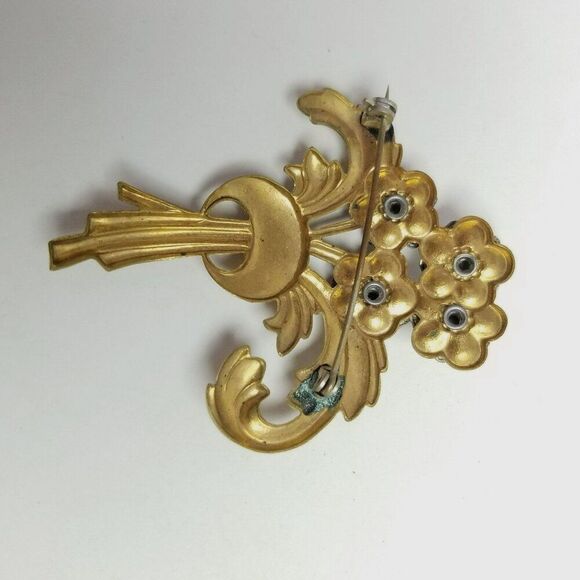 Vintage Brass & Cut Steel Floral Spray Brooch, Gold Tone Masonic Emblem Center - Picture 3 of 6